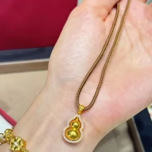 Gold-Tone Plated Hulu Gourd Pendant Necklace with Crystal Accents