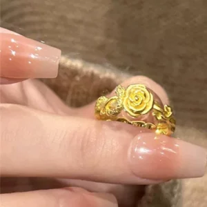Gold Tone Rose & Snake Adjustable Ring for Women