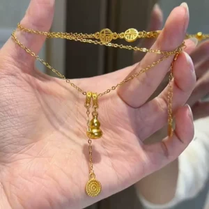 Gold-Tone Fortune Gourd Pendant Necklace for Women, Adjustable Chain