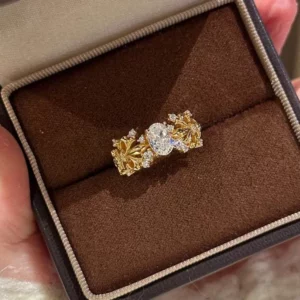 Gold-Tone Iridescent Flower Rhinestone Ring for Women, Adjustable Stackable