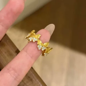 Gold-Tone Butterfly Flower Ring with Crystal Accents for Women